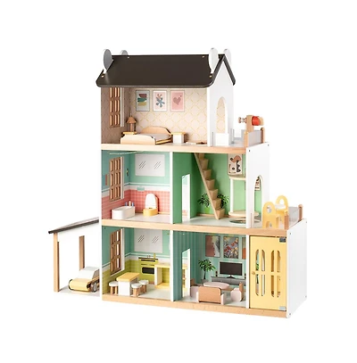 Bruce & Shark Light-Up Dollhouse for Girls, 3-Story Wooden House with Balcony & Furniture