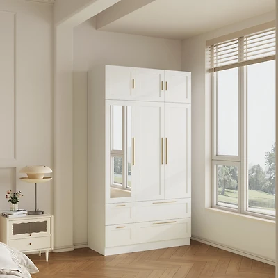 Homsee Wardrobe with Top Cabinet and Mirror, Bedroom Closet, Armoire,