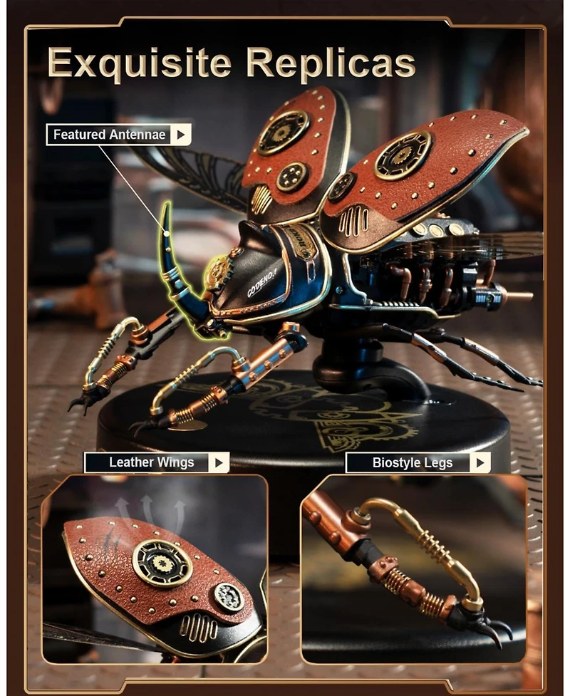 Robotime 3D Puzzles for Adults Electric Insect Metal Model Building Kit Desk Toys Hobby Kit for Adults Gift for Teens Rhinoceros Beetle Red