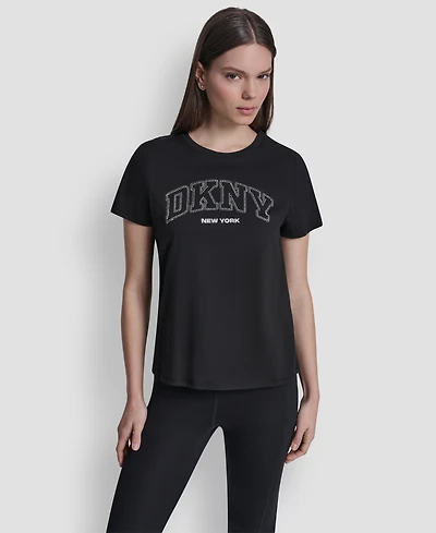 Dkny Sport Women's Rhinestone Varsity Logo Relaxed Fit Pull-On T-Shirt