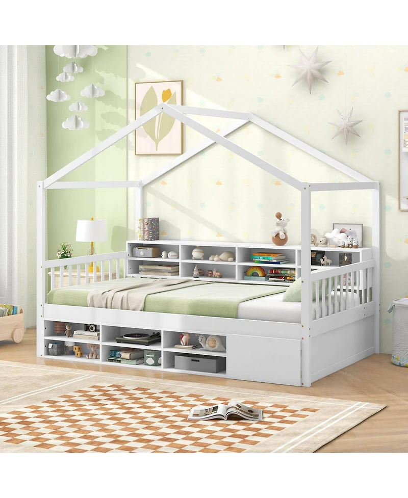 Costway Twin Size House Bed Wooden Platform Bed Frame with Roof & 14 Storage Cubes