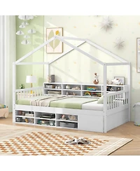 Costway Twin Size House Bed Wooden Platform Bed Frame with Roof & 14 Storage Cubes