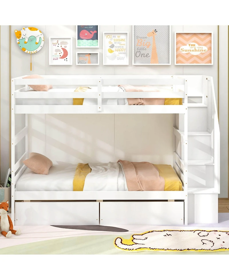 Costway Twin Over Bunk Bed with Storage Stairs & Drawers Full-length Guardrails