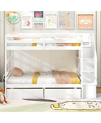 Costway Twin Over Bunk Bed with Storage Stairs & Drawers Full-length Guardrails