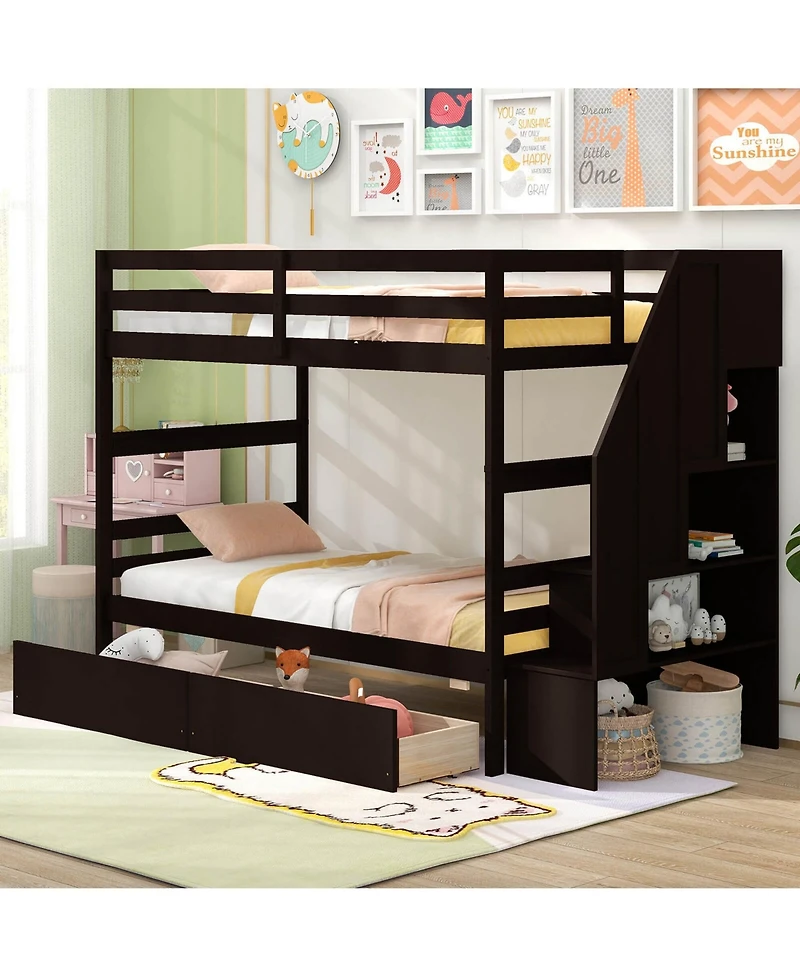 Costway Twin Over Twin Bunk Bed with Storage Stairs & Drawers Full-length Guardrails