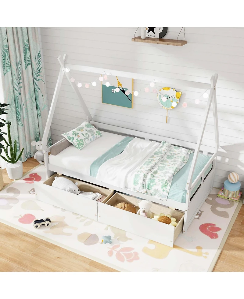 Costway Twin House Bed with Roof Safety Guardrail 2 Storage Drawers Wood Slat Support