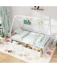 Costway Twin House Bed with Roof Safety Guardrail 2 Storage Drawers Wood Slat Support