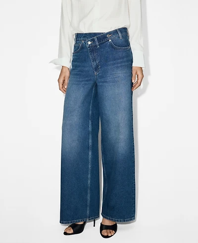 Mango Women's Crossover Waistband Wide-Leg Mid-Rise Jeans