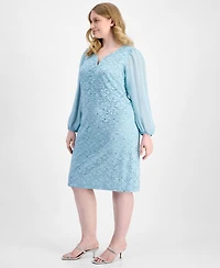 Connected Plus Sequin Lace Blouson-Sleeve Sheath Dress