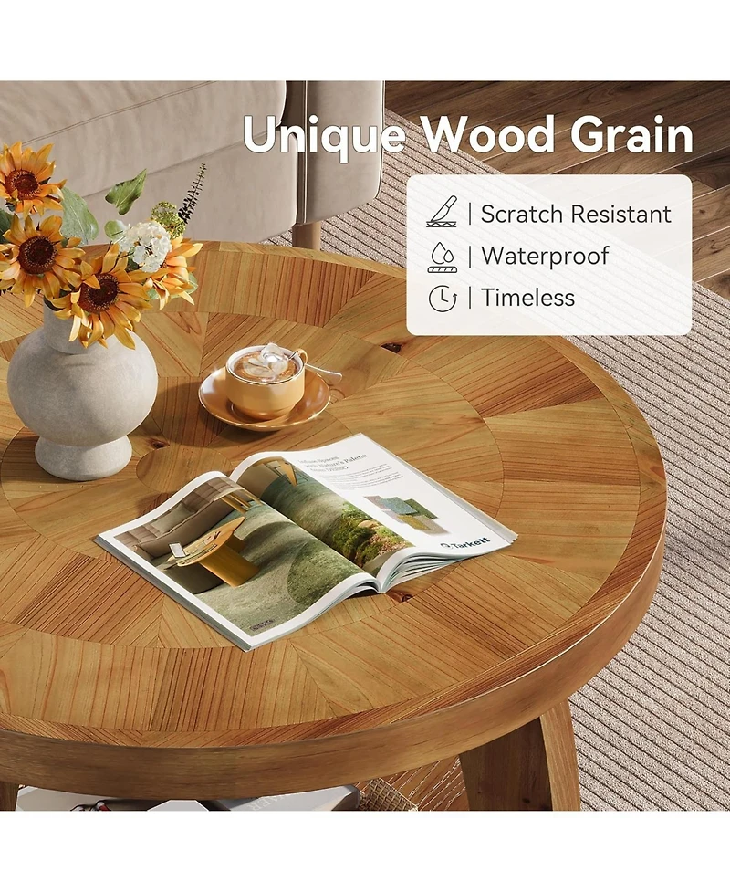 Tribesigns Solid Wood Round Coffee Table, 2-Tier Center Table with Storage, 31.5 Inch Wood Tabletop with Mosaic Pattern, Easy Assembly