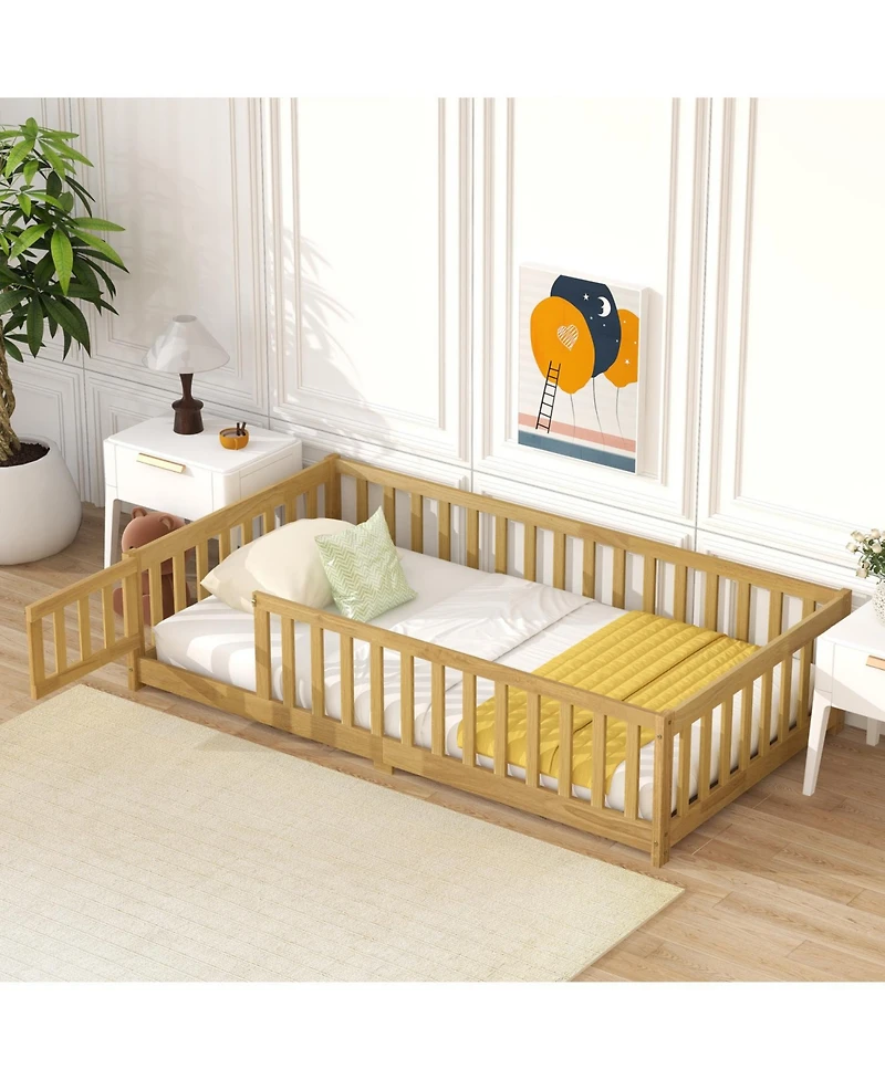 Streamdale Furniture Twin Floor Bed with Fence & Door Natural Wood