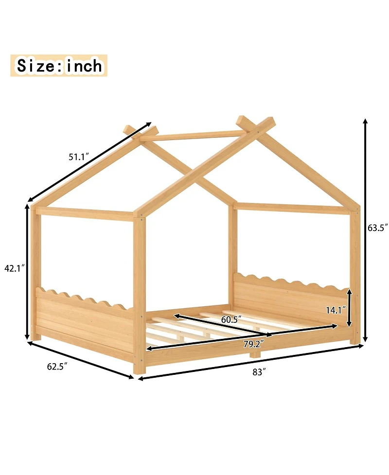 Streamdale Queen House Floor Bed with Solid Wood Frame for Kids, Natural