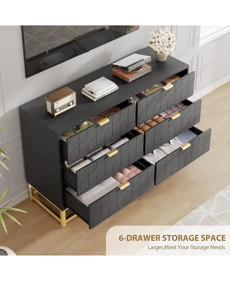 gaomon Black 6-Drawer Modern Double Dresser, Long Bedroom Storage Chest with Gold Handles for Tv Area, Living Room, or Entryway