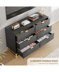 gaomon Black 6-Drawer Modern Double Dresser, Long Bedroom Storage Chest with Gold Handles for Tv Area, Living Room, or Entryway