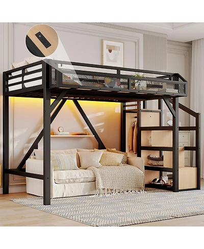 Streamdale Furniture Twin Xl Loft Bed with Storage Stairs, Shelves, Wardrobe, Usb, Led Lights