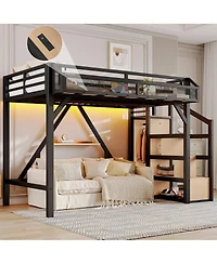 Streamdale Furniture Twin Xl Loft Bed with Storage Stairs, Shelves, Wardrobe, Usb, Led Lights