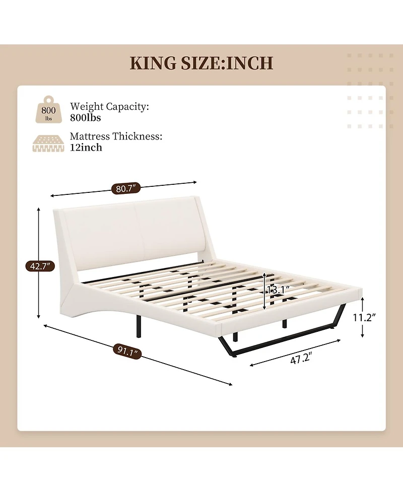 Streamdale Furniture King Size White Pu Leather Upholstered Platform Bed Frame, No Box Spring Needed