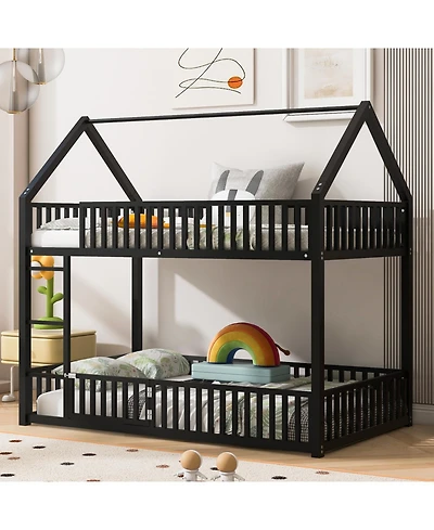 Streamdale Furniture Metal Twin over Twin House Bunk Bed with Fence and Door