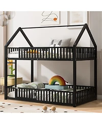 Streamdale Furniture Metal Twin over Twin House Bunk Bed with Fence and Door