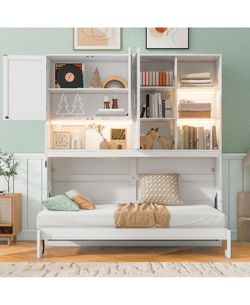 Streamdale Furniture Twin Size Wall Murphy Bed with Cabinet, Shelves, Light & Usb