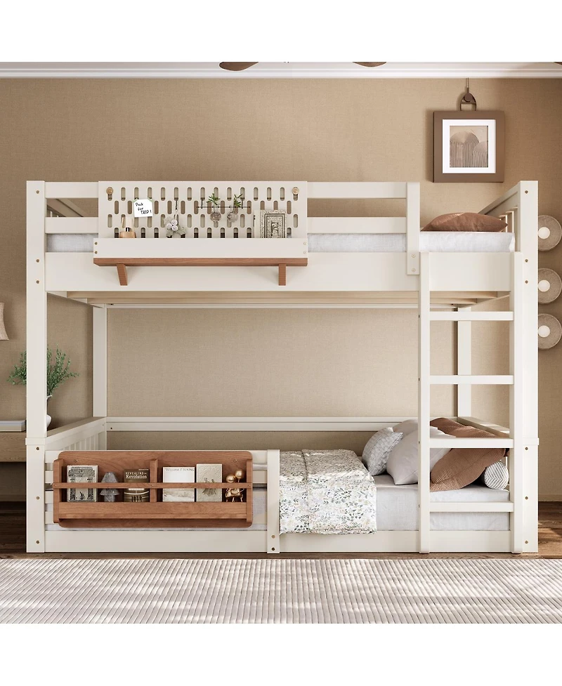 Streamdale Furniture Queen Bunk Bed with Ladder, Guardrails, Pegboard & Bookshelf, Beige