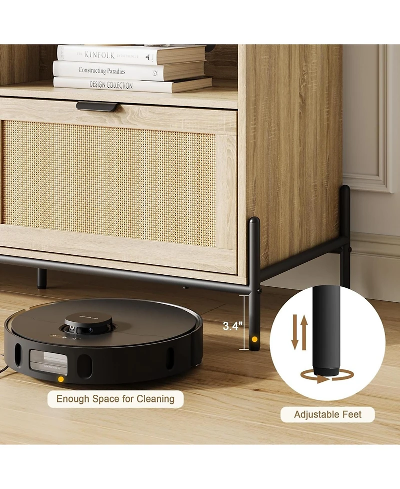 gaomon Rattan Tv Stand for 75" TVs, Modern Entertainment Center with 3 Drawers, Wood Console with Metal Legs, Oak