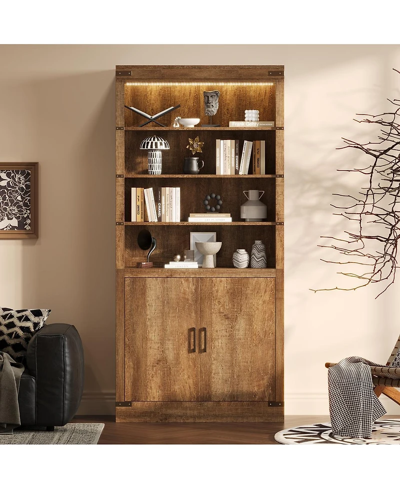 Streamdale Modern Bookshelf with Doors, 3-Tier Adjustable Shelves, Led Light, Walnut