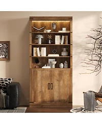 Streamdale Modern Bookshelf with Doors, 3-Tier Adjustable Shelves, Led Light, Walnut