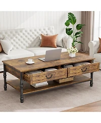 gaomon 41" Coffee Table with 2 Storage Drawers, Rustic Coffee Tables w/Storage Shelf and Metal Legs,Wood Large Rectangular Coffee Table (Rustic