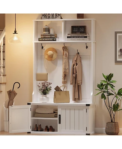 gaomon Hall Tree with Shoe Storage Bench, 4-In-1 Entryway Bench with Coat Rack & Adjustable Shlef & 2 Wood Door