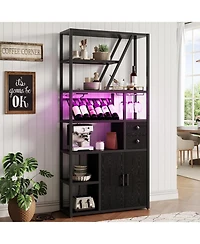 gaomon Bar Cabinet with Led Lights, Tall Coffee Station Power Outlets and Rack