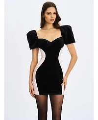 Miss Circle Women's Nova Black Contoured Sweetheart Puff Sleeve Mini Dress