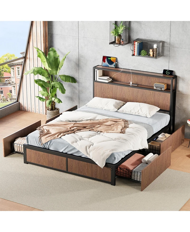 Streamdale Furniture Large Wooden Platform Bed Frame with Storage & Socket