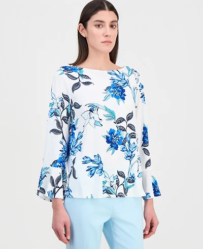 Jm Collection Women's Printed Boat-Neck Bell-Sleeve Top, Macy's Exclusive