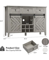 Gaomon 47.2" Farmhouse Buffet Cabinet with Sliding Barn Door, Rustic Sideboard 3 Drawers, Removable Wine Rack, Adjustable Shelf, Kitchen