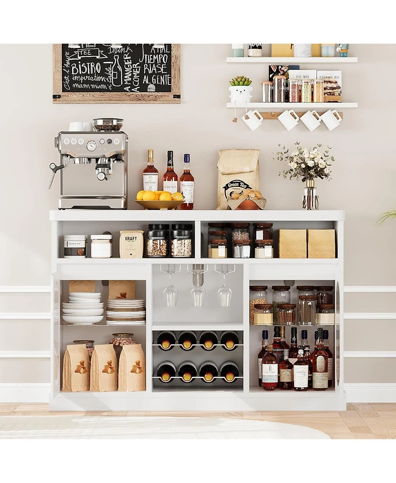 gaomon Modern Coffee Cabinet with Led Lights, Coffee Bar Table with 2 Glass Doors, White Bar Cabinet with with Wine Racks for Kitchen, Dining Room