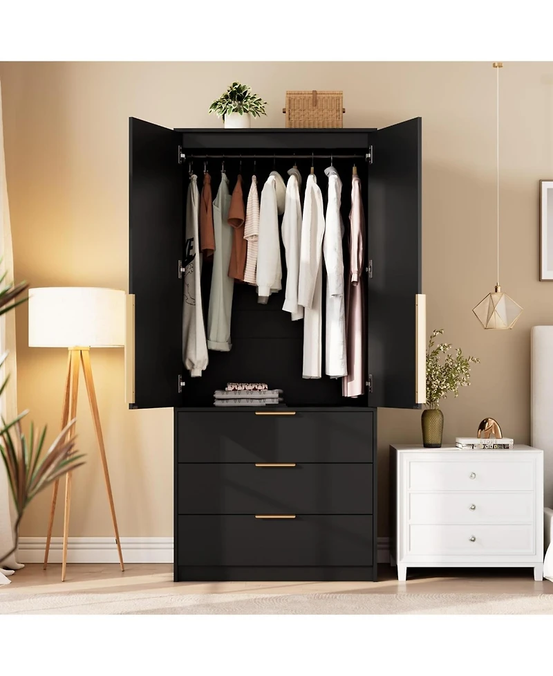 gaomon Garvee Armoire Wardrobe Closet, 69.5" Wooden Cabinet with 3 Drawers, Hanging Rod, 2 Doors Clothing Storage for Bedroom