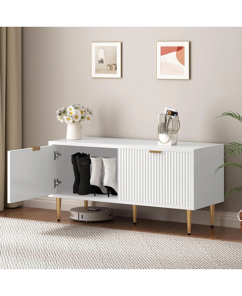 gaomon Shoe Cabinet, Fluted Entryway Bench with 2 Doors, Shoe Storage Bench for Hallway, Living Room