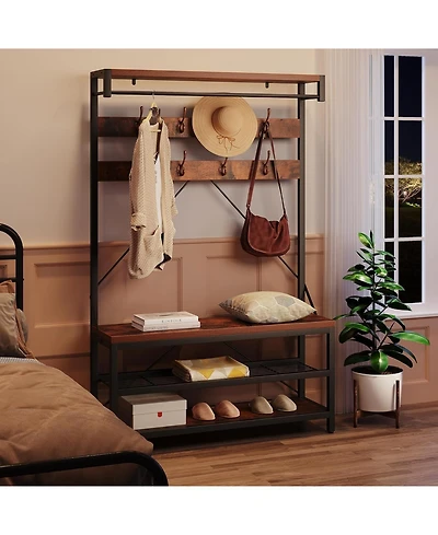 gaomon 72" Industrial Hall Tree with Shoe Bench & Coat Rack, Entryway Storage Organizer with 8 Hooks, 3-Tier Shelf & Metal Frame