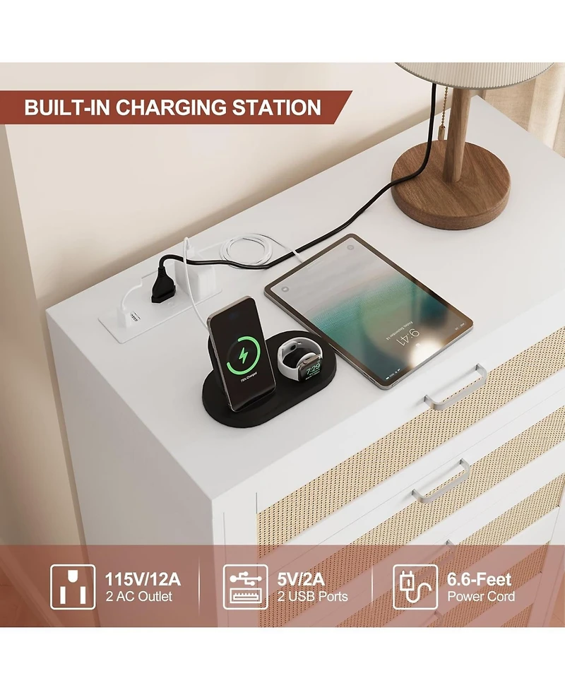 gaomon 5-Drawer Modern Rattan Tall Dresser, Wide Top, Wooden Storage Cabinet for Bedroom, Living Room, Hallway, Entryway