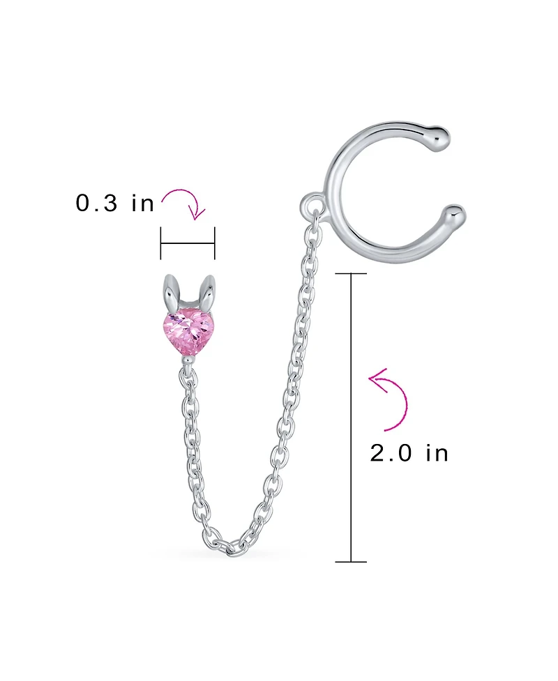 Bling Jewelry Tiny Pink Cz Heart Ear Cuff Chain Stud Earrings For Earlobe .925 Sterling Silver