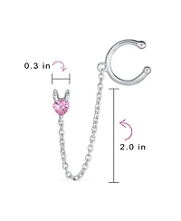 Bling Jewelry Tiny Pink Cz Heart Ear Cuff Chain Stud Earrings For Earlobe .925 Sterling Silver