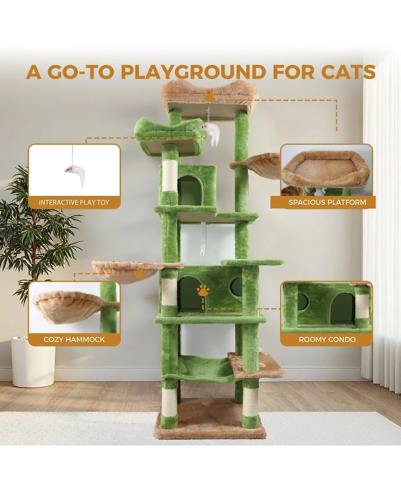 Zeus & Ruta 68in Green Multi Level Cat Tree Hammocks Hanging Basket Cat Cave Removable Cushion Scratching Posts