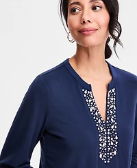 Jm Collection Women's Long-Sleeve Crepe Embellished-Neck Top, Macy's Exclusive