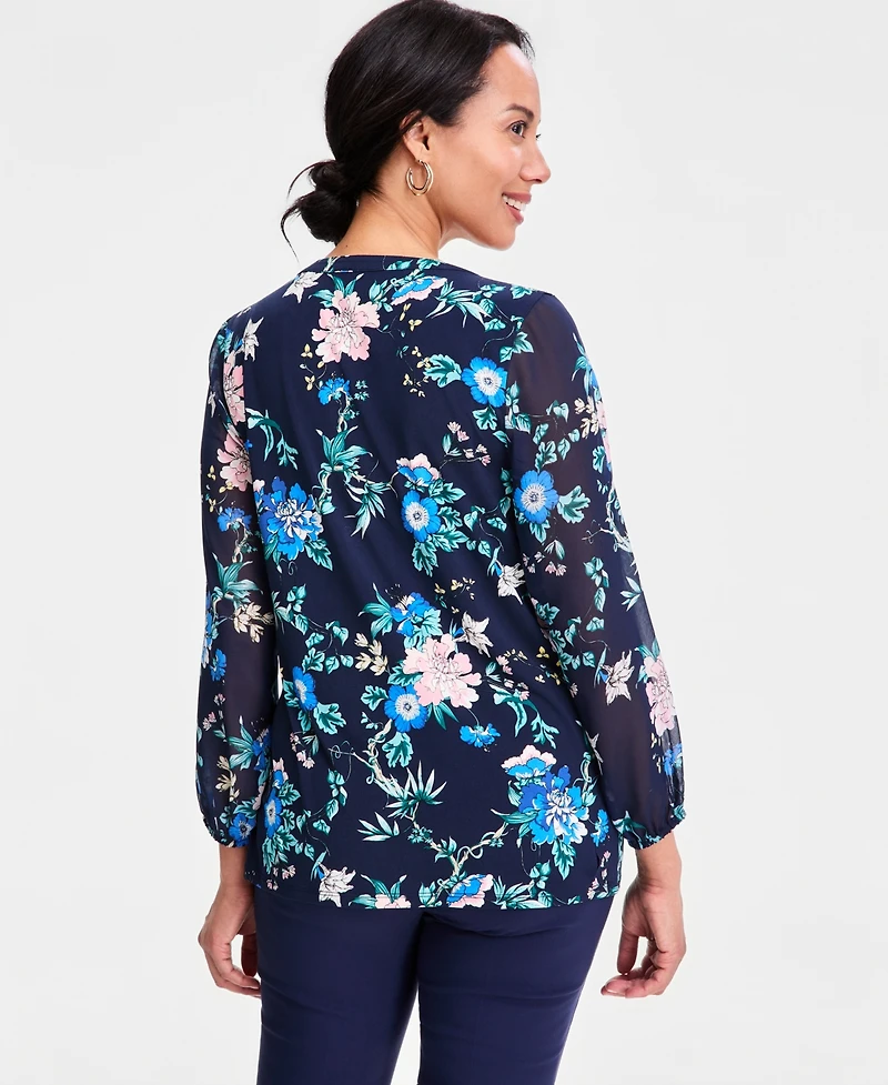 Jm Collection Women's Printed Chiffon-Sleeve Split-Neck Top, Macy's Exclusive