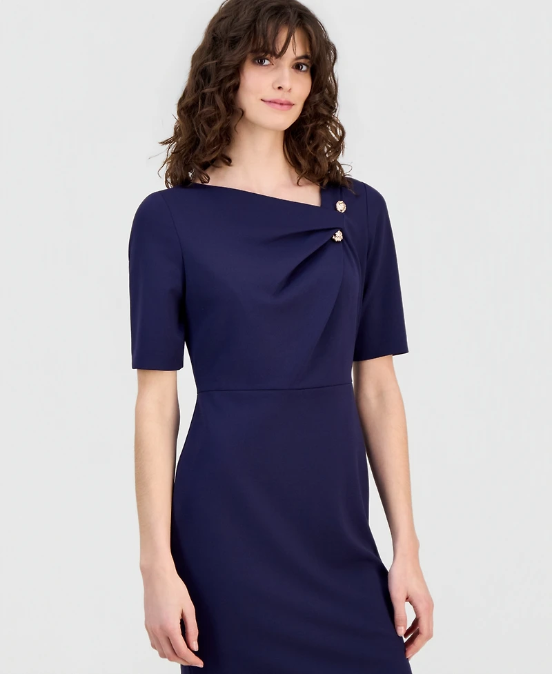 Anne Klein Petite Asymmetrical Neck Short-Sleeve Dress