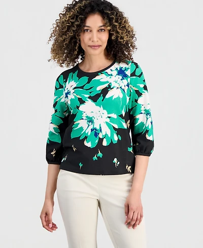 Jones New York Petite Printed Puffed 3/4-Sleeve Top
