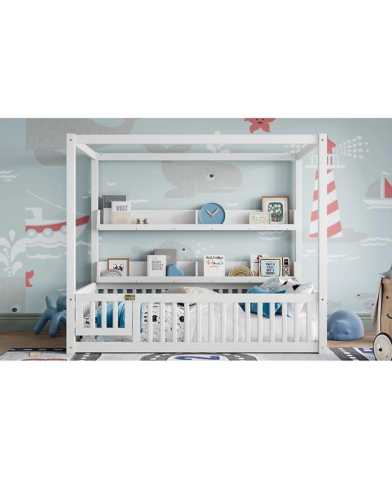 Streamdale Furniture Full Size Canopy Bed with Guardrails & Shelves