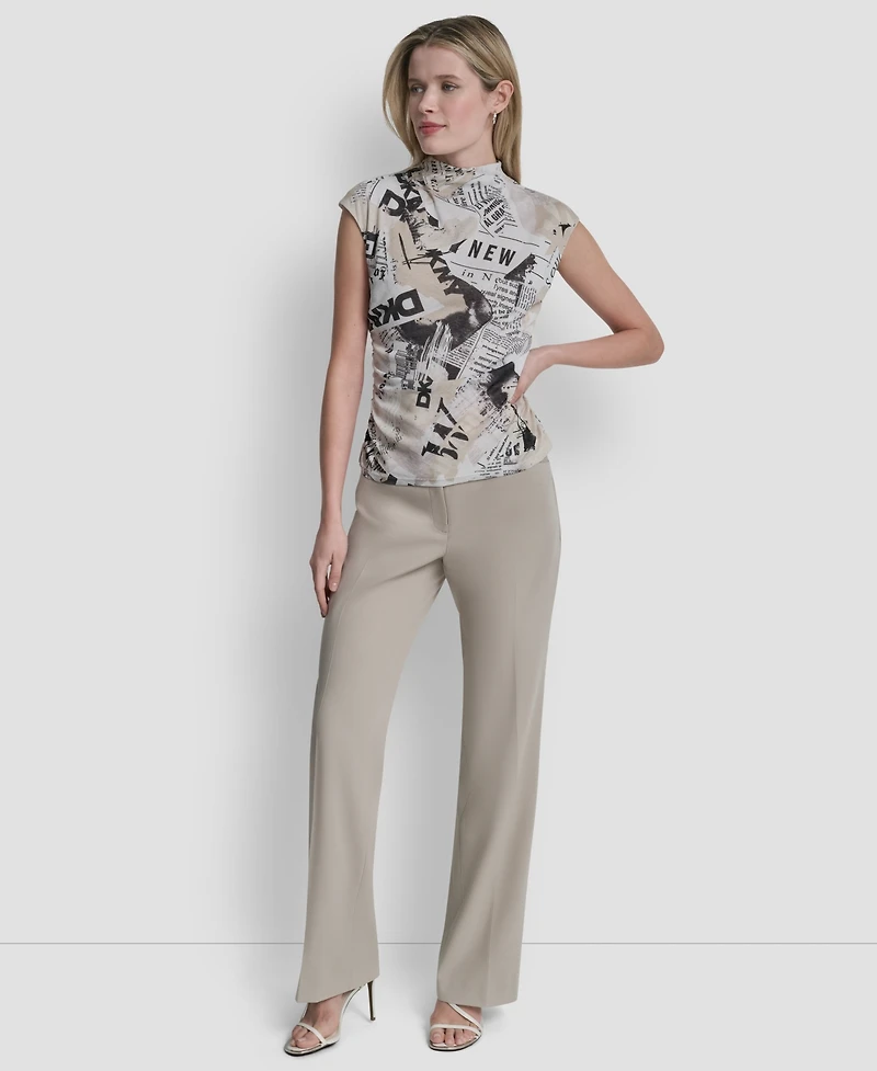 Dkny Women's Newspaper-Print Mock Neck Knit Mesh Top