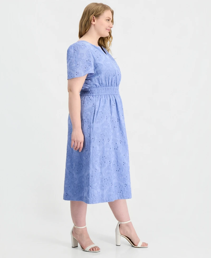 Anne Klein Plus Embroidered-Eyelet Short-Sleeve Midi Dress